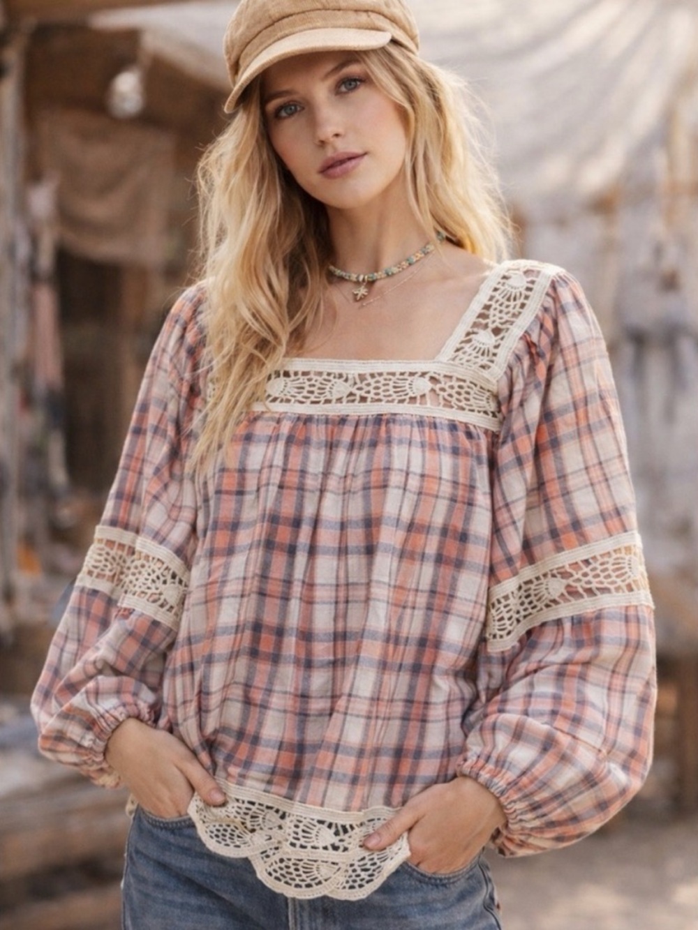 Umgee Cream & Blush Plaid Crochet-Trim Peasant Blouse